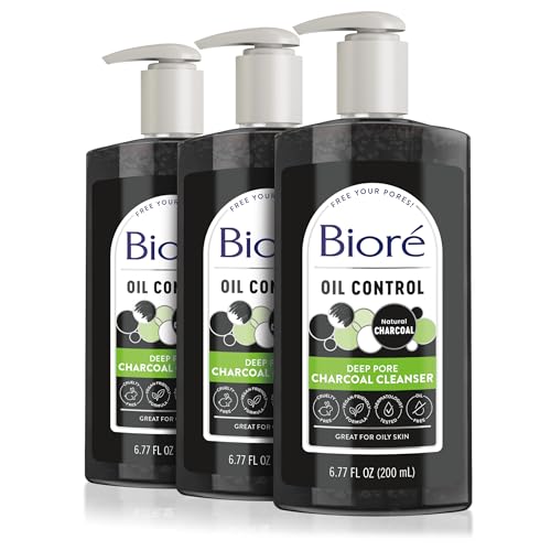 Biore Deep Pore Charcoal Face Wash, Daily Facial Cleanser for Dirt & Makeup Removal, for Oily Skin, 6.77 Oz, Pack of 3