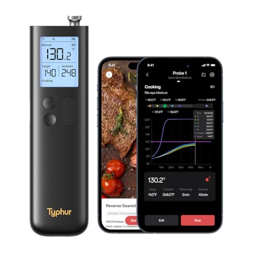 Typhur Sync Gold Wireless Meat Thermometer, Enhanced 10X Sub-1G Signal and Stability, WiFi Unlimited Range, 6 Sensors, Bluetooth Meat Thermometer for BBQ, Oven, Smoker, Grill, Air Fryer, Gen2