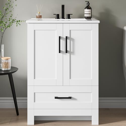 IRONCK 24" Bathroom Vanity with Sink, Freestanding Bathroom Cabinet Vanity with Soft-Close Doors & Storage Drawer, Modern Design for Small Bathrooms, Undermount Ceramic Sink, Easy Assembly, White