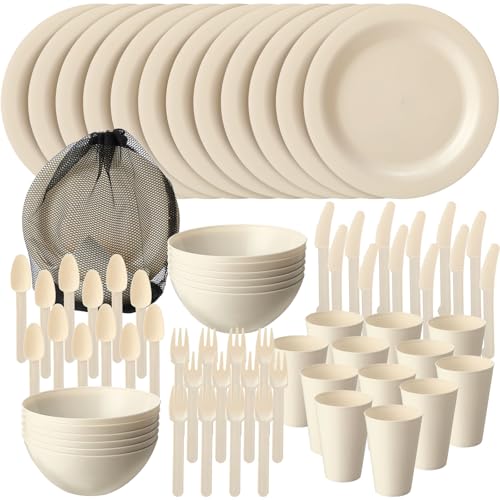 LemonRoad 12 Set Beige Plastic Dinnerware Set with Cutlery Unbreakable Plates and Bowls with Storage Mesh Bag Dishwasher & Microwave Safe Reusable Dish for Camping Rv Outdoor Kitchen Apartment Dining
