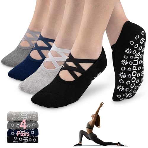 COOPLUS 4 Pairs Yoga Socks for Women Non Slip Grips Pilates Socks for Pure Barre,Ballet,Dance,Barefoot Workout