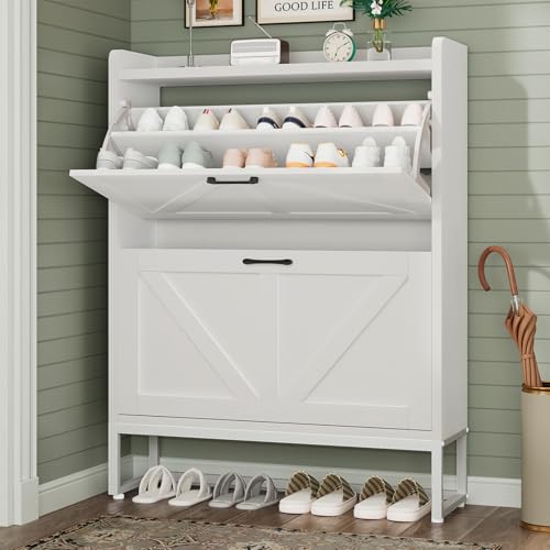 GRUSIGN Shoe Cabinet, Shoe Storage Cabinet with 2 Flip Drawers & Adjustable Shelf, Space-Saving Shoe Organizer – Holds 16+ Pairs, Narrow Shoe Cabinet Storage for Entryway/Hallway（White）