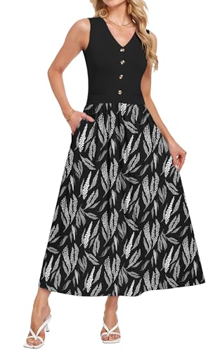 MOLERANI Sundress for Women 2026 Casual Sleeveless V-Neck Elegant Flowy Floral Long Summer Dress with Pockets,Daily,Color Block,Party,Vacation(BL Dot Leaf,M)