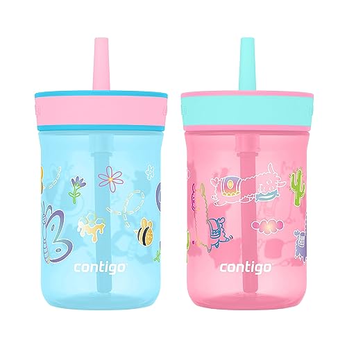 Contigo Leighton Kids Water Bottle, 2-Pack, 14oz, Spill-Proof, Blue Raspberry/Azalea & Butterlies/Llamas, Dishwasher Safe Tumbler with Straw