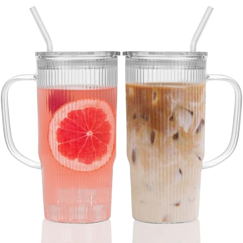 GOSCHE Glass Cups with Lids and Straws, Glass Tumbler with Handle for Iced Coffee, Tea, Juice, Smoothies, 24oz Drinking Cup with Plastic Lid for Hot & Cold Beverages, 2 Pcs
