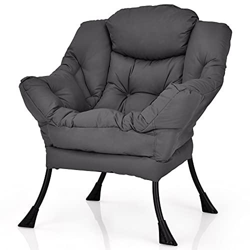 Giantex Modern Lazy Chair, Accent Contemporary Lounge Chair Polyester Fabric w/Steel Frame, Upholstered Single Sofa Chair w/Armrests & Side Pocket, Leisure Sofa Chair (Grey)
