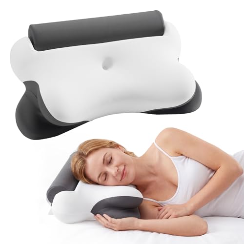 DUMOS 2-in-1 Contoured Neck Pillow, Slow Rebound Cooling Memory Foam with Detachable Round Support Roll, Multi Support Bolster for Neck Waist Ankle, Washable Cover for Side Back Stomach Sleepers, Gray