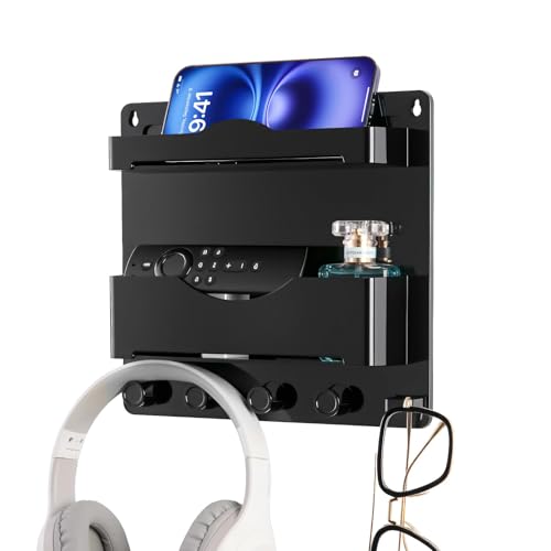 JUMEIHUI Bedside Wall Shelf with Glasses Hooks ，Adhesive Bedside Organizer Wall Mount for Dorm and Room Accessories Phone，Remote，Earphone， Kindle (Black)