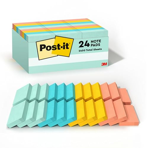 Post-it Notes, 1 3/8 in x 1 7/8 in, 24 Sticky Note Pads, 100 Sheets per Pad, Beachside Café Collection, School Supplies and Office Products