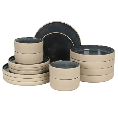 Gibson Elite Liberty Bay 16-Piece Pottery Clay Stoneware Dinnerware Set – Blue Reactive Glaze, Stackable Plates and Bowls W/Pasta Bowl, Service for 4 – Microwave & Dishwasher Safe