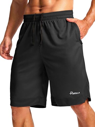 Pudolla Men's Basketball Shorts with Zipper Pockets 11" Long Gym Athletic Shorts for Men Lightweight Quick Dry(Black Large)