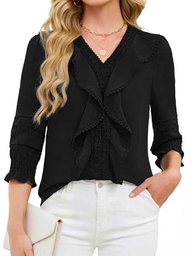 Funlingo 3/4 Length Sleeve Womens Tops Dressy Casual Blouses Ruffle V Neck Lace Shirts with Smocked Cuffs 2026 Fashion Clothing Black M