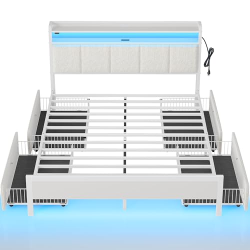 Rolanstar Bed Frame Queen Size with Charging Station and LED Lights, Upholstered Storage Headboard with Drawers, Heavy Duty Metal Slats, No Box Spring Needed, Noise Free, Easy Assembly, White