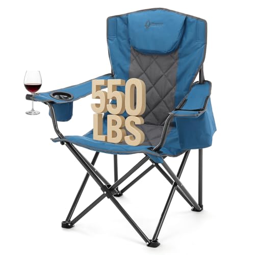 ARROWHEAD OUTDOOR Portable Deluxe Folding Camp Quad Chair w/Headrest, Glass & Cup Holders, Armest 6-can Cooler, Heavy Duty Carry Bag, 550 lbs Weight Capacity