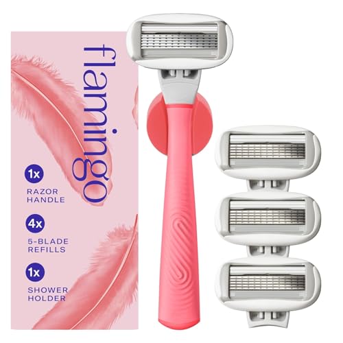 Flamingo Shaving Razor Set for Women - Original Razor Handle, 4 Blade Refills, and Shower Holder - Pink