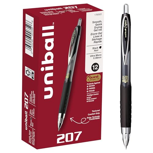 uniball 207 Retractable Gel Pens, Ultra Micro Point (0.38mm), Black, 12 Pack