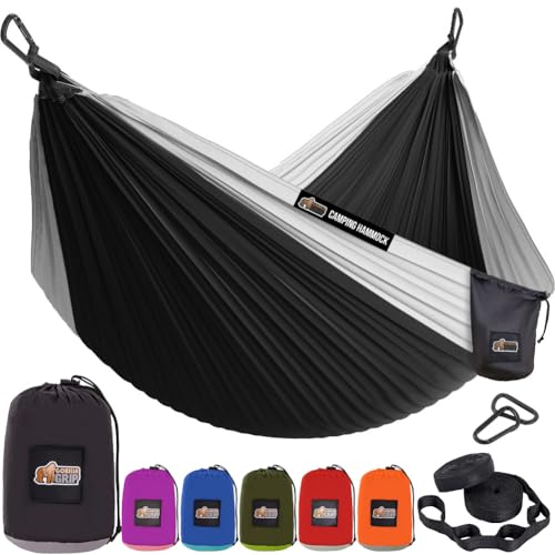 GORILLA GRIP Durable Camping Hammock with Heavy Duty Tree Straps, Portable Hammocks for Outside, Easy to Use Travel Swing Chair, Outdoor Camper Hiker Essentials, Backpacking Gear Gifts, Single, Black