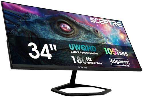 New! Sceptre 34-inch Prime Gaming Monitor 3440 x 1440 up to 180Hz DisplayPort HDMI Build-in Speakers, Machine Black 2027 (E345B-QU180D Series)