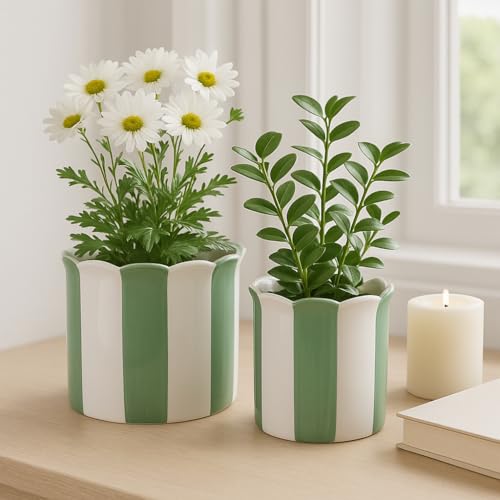 Ceramic Planter Pots – Planters for Everyday Greenery, Indoor Planters for Shelf or Patio, Striped Scallop Design Garden Home Decor Accent – 8" x 7" & 6" x 6"(Set of 2), Green & White