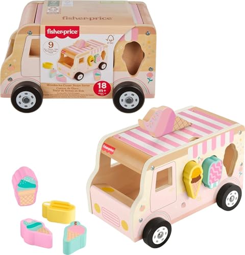 Fisher-Price Toddler Shape Sorting Playset Wooden Ice Cream Truck, 8 Wood Pieces for Developmental Play Ages 18+ Months (Amazon Exclusive)