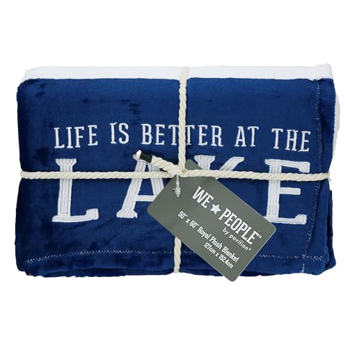 Pavilion - Life is Better at The Lake - Blue & White Striped Super Soft 50 x 60 Inch Striped Throw Blanket with Embroidered Text