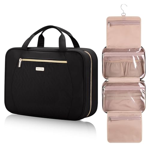 TBTOTRA Hanging Toiletry Bag for Women Travel, 2 Sizes Large & Small Waterproof Cosmetic Organizer with 4 Compartments, Rotating Hook, Foldable Pink Travel Bag for Toiletries & Makeup - Medium Black