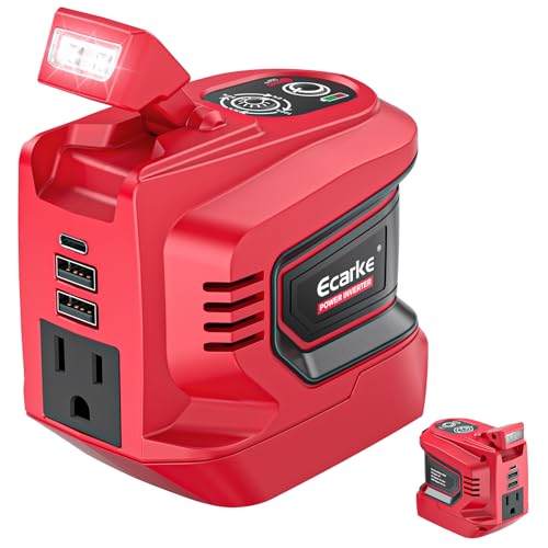 Ecarke 220W Portable Power Inverter Compatible with Milwaukee 18V Battery (Tool Only), DC 18V to AC 110V Power Station with 1 AC Outlet, 2 USB-A, 1 Type-C & LED Light for Camping Outdoor Emergency