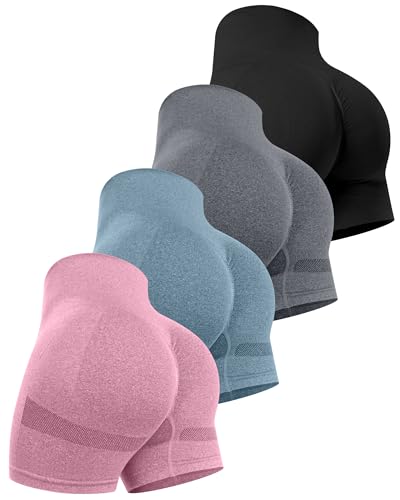 CHRLEISURE Women's 4 Packs Workout Gym Shorts, High Waisted Butt Lifting Scrunch Butt Seamless Booty Shorts(Black,DGray,Pink,Blue,L)