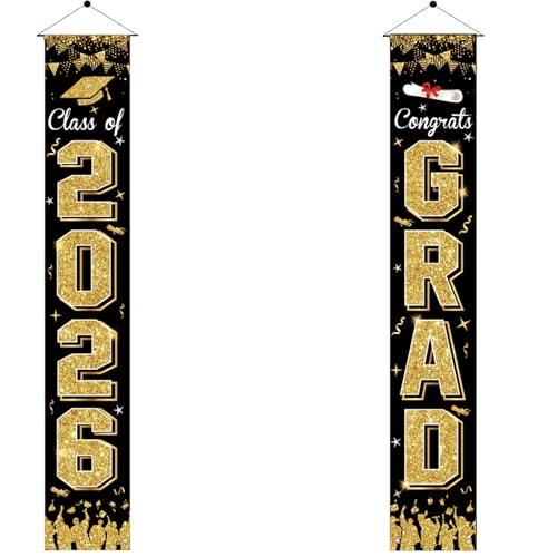 Graduation Decorations 2026 Grad Porch Banner Congrats Grad Class of 2026 Banner Black Door Sign Welcome Banner for Any Schools Indoor Outdoor Wall Graduation Decorations
