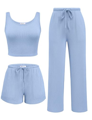 Ekouaer Women's 3 Piece Lounge Set Soft Twisted Rib Knit Summer Vacation Outfits Crop Top Shorts & Pants Set With Pokcet