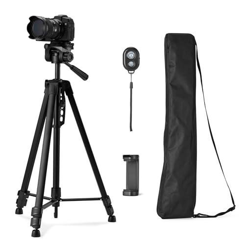 Amazon Basics 60" Lightweight Tripod for Camera and Phone with Travel Bag, Remote Control, Phone Holder, Height Adjustable, Flexible Positioning, Wireless Capability, Aluminum, Black