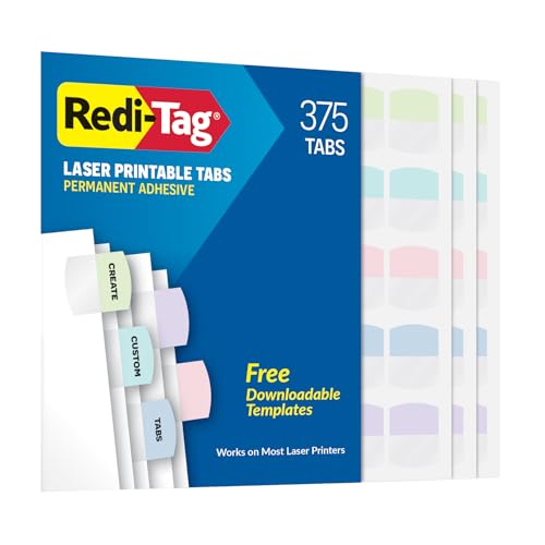 Redi-Tag Laser Printable Tabs, Permanent Index Tabs, Customizable Adhesive Labels, Assorted Pastel Colors, 1.125" x 1.25", 375 Per Pack (1006791)