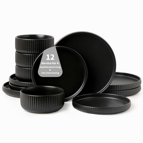 FOBENTA Dinnerware Sets for 4,Microwave Safe Plates and Bowls Sets,12 Piece Dylan Dish Set,Reactive Glaze Stoneware Dinnerware Set (Matte Reactive Dark Night, Service for 4 (12pcs))