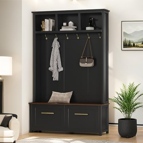 Merax 4-in-1 Hall Tree with Bench, Modern Versatile Multiple Storage Space with 6 Golden Hooks, 2 Drawers, Entryway Coat Rack for Living Room, Hallway, Black