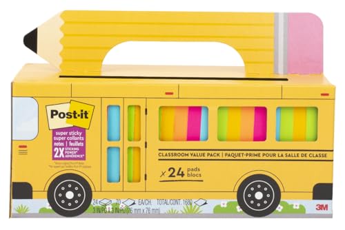 Post-it Super Sticky Notes, 24 Sticky Notes Pads, 3 x 3 in., School Supplies and Oﬃce Supplies, 2X the Sticking Power, Assorted Brights