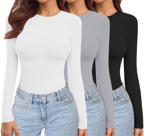 Ekouaer Womens 3 Pack Long Sleeve Shirts Crew Neck Stretch Fitted Underscrubs Trendy Basic Tops Lightweight Thermal Tee Black/Lightgrey/White M
