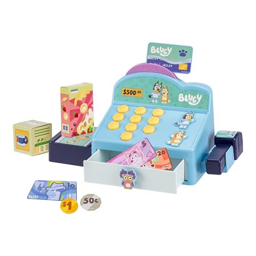 Bluey Cash Register Playset, Interactive Play Register with Detachable Scanner, Toy Credit Card, and Dollar Bucks, Shopping Toys for Kids Ages 3+