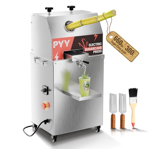 PYY Sugar Cane Juicer Machine, Commercial Electric 3-Rollers Sugarcane Juice Press Stainless Steel Extractor, Guarapera de Caña de Azúcar Eléctrica with Cleaning Brush, 2 Peelers, 16*13*28 IN,110V