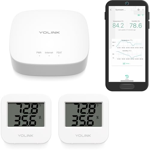 YoLink Smart Temp & Humidity Sensor, LoRa Long Range, 2 Year Battery, Indoor Monitoring for Wine Cellar, Bedroom, Nursery, Greenhouse, RV, with App, Email & SMS Alerts, Alexa IFTTT, 2 Pack + Hub