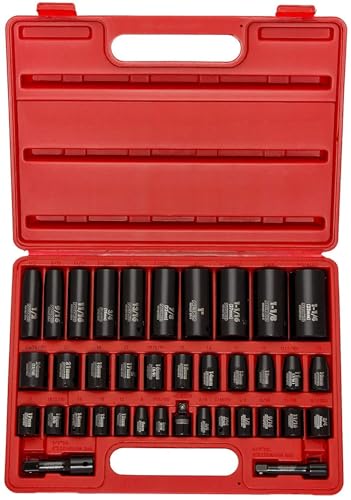 NEIKO 02443A 3/8" and 1/2" Drive Master Impact Socket Set | 38 Piece | Standard SAE (Inch) and Metric (mm) Sizes Below | Deep and Shallow Kit | Cr-V Steel | Includes Duometric Sockets