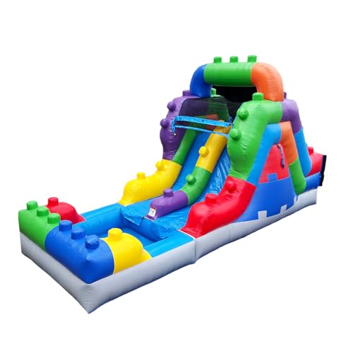 HeroKiddo 12ft Block Party Inflatable Water Slide with Pool, 22ft Long- 100% Commercial Grade PVC Vinyl, Reinforced Strength Wet/Dry Fun, Front Load Entry for Easy Supervision, Included Blower