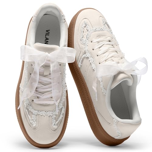 Vilanva Women's Lace Detail Fashion Sneakers Comfortable Casual Dress Sneakers with Retro Gum Sole Walking Trendy Footwear