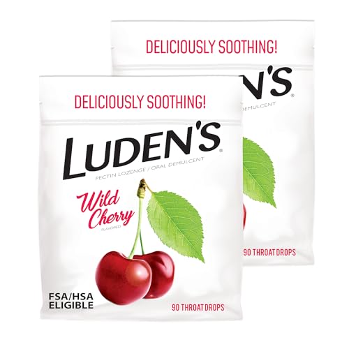Luden's Sore Throat Relief Lozenges for Minor Everyday Irritation & Dry Mouth, Wild Cherry Flavored Drops, 90 Count, Pack of 2