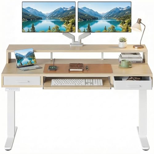 HUANUO 55″ x 26″ Electric Standing Desk with 2 Drawers &24.4″ Large Keyboard Tray, C-Clamp Mount Compatible, Adjustable Computer Desk for Office, Sit Stand Up Desk with 4 Height Presets, Light Walnut