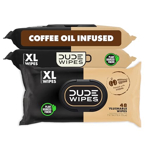 DUDE Wipes Morning Grind Flushable Wipes - Coffee Scented Extra-Large Adult Wet Wipes - 3 Pack (144 Count) - Infused with Coffee Oil, Vitamin E, and Aloe - Septic and Sewer Safe