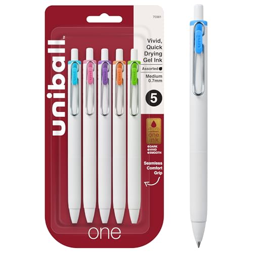 uniball one Retractable Gel Pens, Medium Point (0.7mm), Assorted Ink, 5 Pack