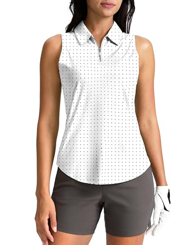 G Gradual Womens Golf Shirt Sleeveless Zip Up Polo Shirts for Women Collared Lightweight Tennis Athletic Tank Top, Black Dot, Medium