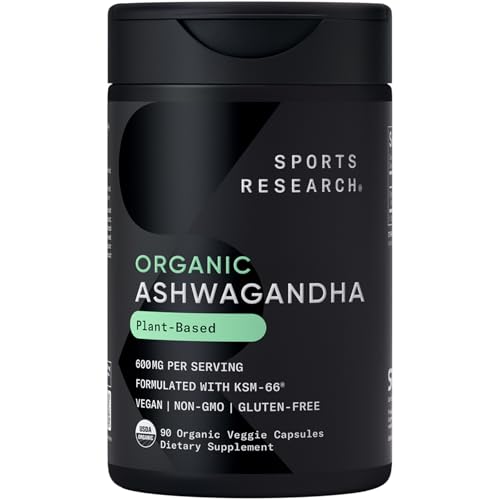 Sports Research® Organic Ashwagandha – Adaptogen for Relaxation, Calm & Sleep Support – Made with Organic KSM-66® – 600 mg – Non-GMO Verified, Gluten-Free, Certified Vegan – 90 Veggie Capsules