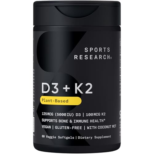 Sports Research® Vitamin D3 + K2 w/ Coconut Oil - Vegan Vitamin D 5000iu & Mk7 Vitamin K 100mcg for Bone & Immune Support - Vegan Certified · Non-GMO · Soy Free - 60 Softgels