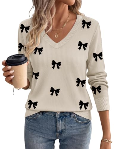 Zeagoo Women's 2026 Fall V Neck Sweaters Long Sleeve Tops Fashion Clothing
